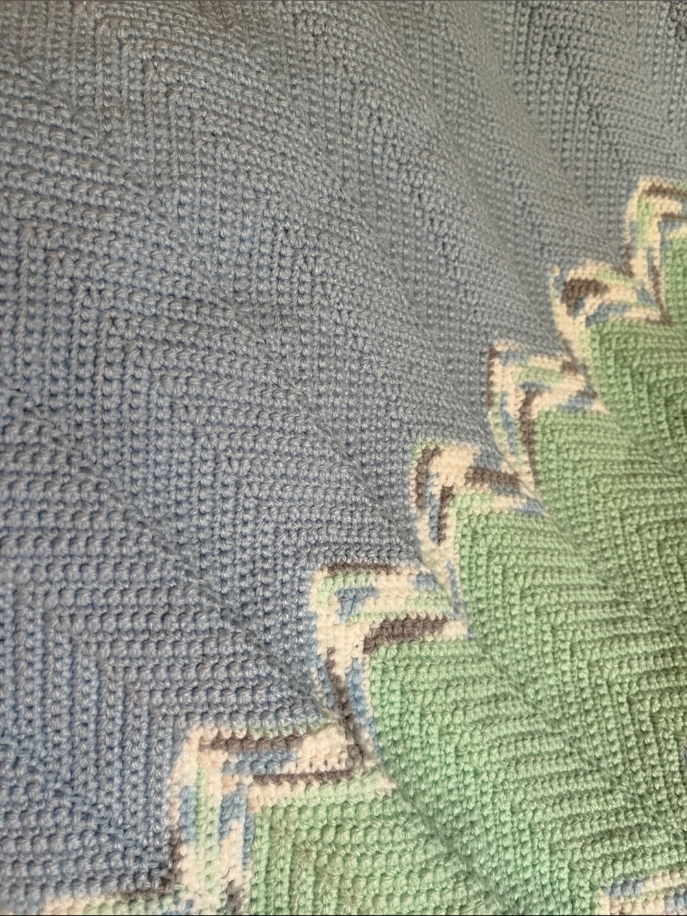 Handmade Chevron Knit Throw Blanket in Light Gray and Sage Green 40x32" - Picture 3 of 6